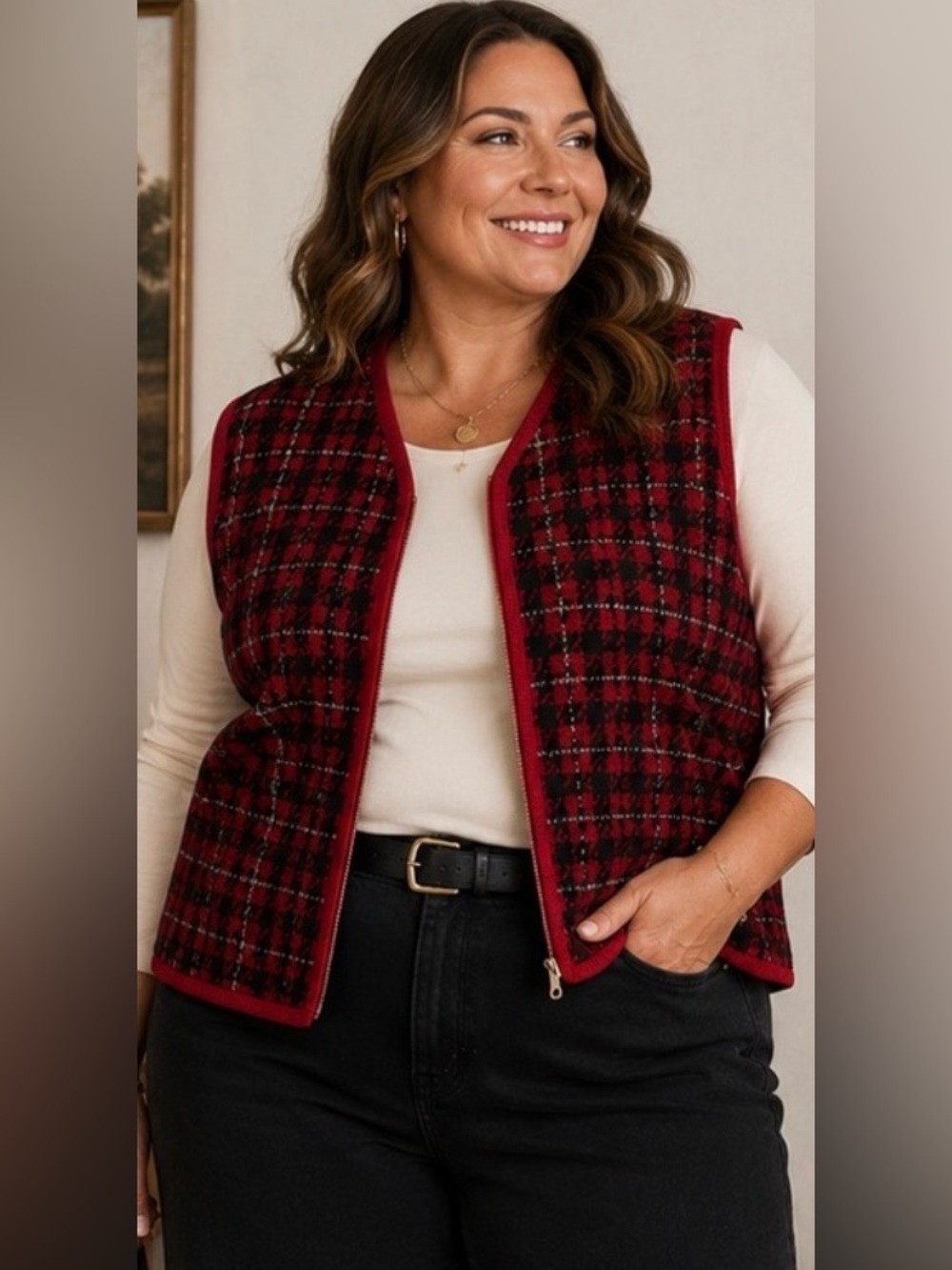Requirements Woman 2X 100% Wool Red Plaid Zip Front Sweater Vest Plus Size